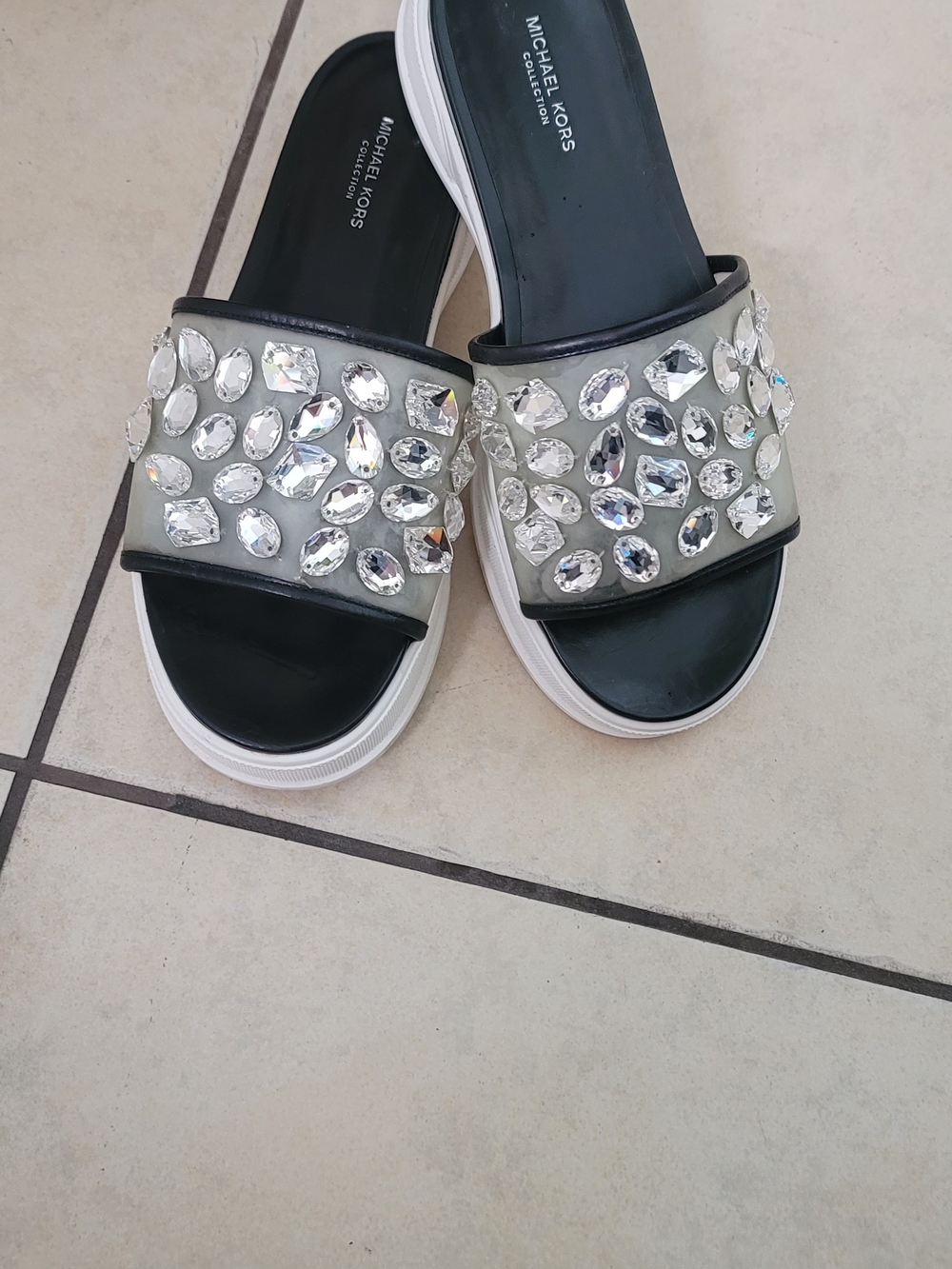 Michael Kors Collection Betty Crystal Black and White Jeweled Slide Sandals